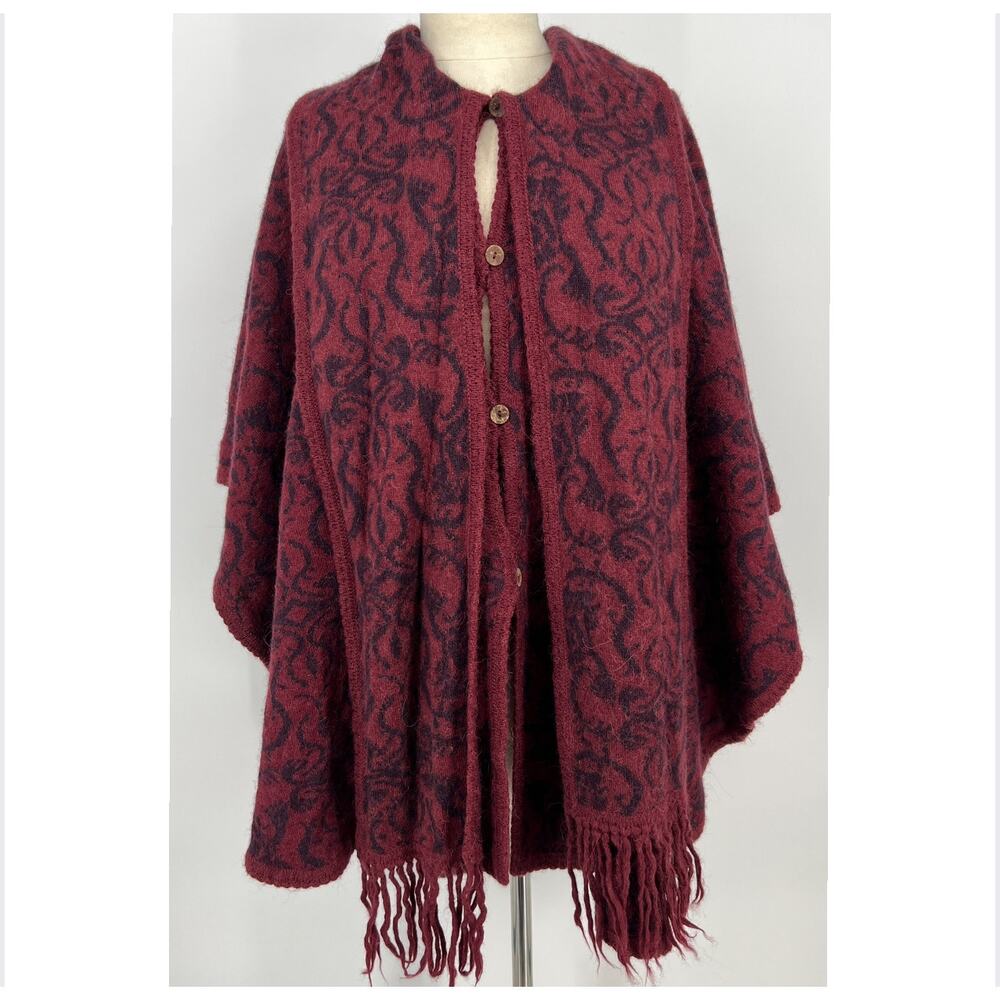 Novica Peruvian Wildflower Poncho Alpaca Wool Blend Burgundy Reversible Cape O/S